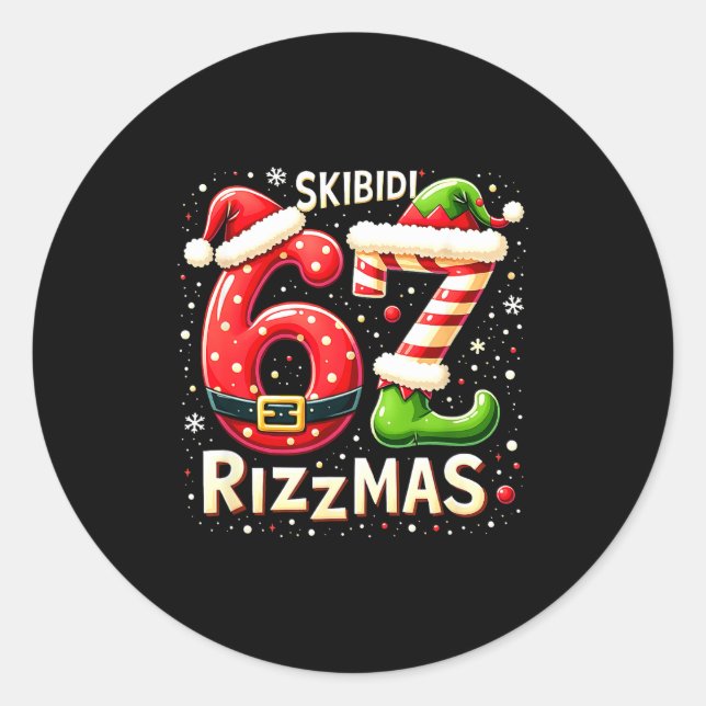 Pegatina Redonda Skibidi 67 Rizzmas Christmas Meme Funny Elf Santa  (Anverso)
