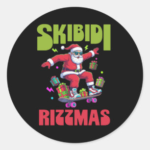 Pegatina Redonda Skibidi Rizzmas Santa en su patineta
