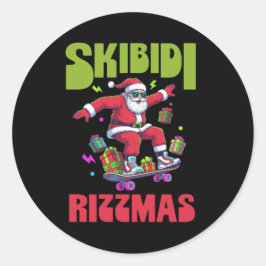 Pegatina Redonda Skibidi Rizzmas Santa on his Skate