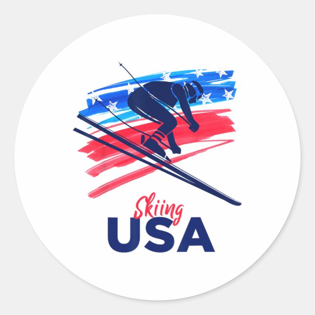 Pegatina Redonda Skiing Usa Support The Team Shirt Usa Flag Skiing  (Anverso)