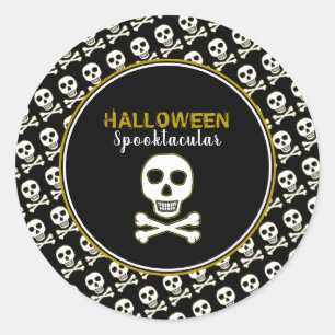 Pegatina Redonda Skull & Bones, Fiesta Halloween de Oro
