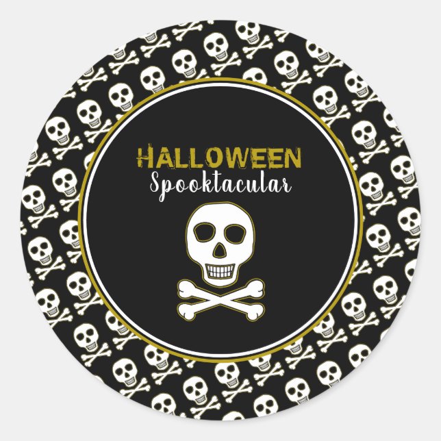 Pegatina Redonda Skull & Bones, Fiesta Halloween de Oro (Anverso)