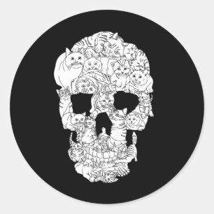 Pegatina Redonda Skull Cat Kitty Skeleton Halloween Punk de Gótico