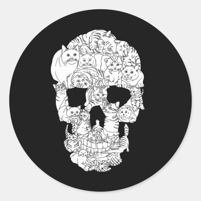 Pegatina Redonda Skull Cat Kitty Skeleton Halloween Punk de Gótico  (Anverso)