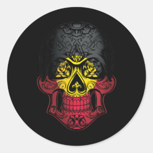 Pegatina Redonda Skull De Aborigen Y Bandera De Rosas