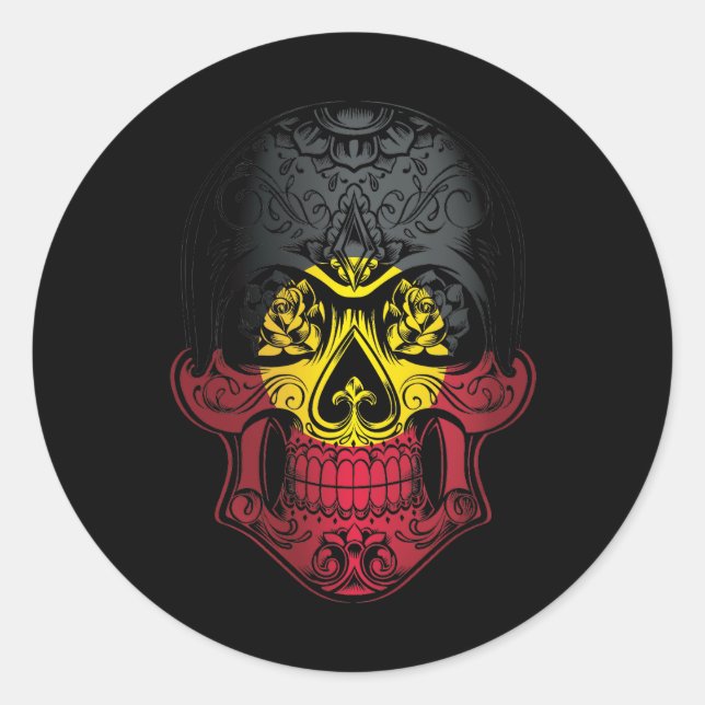 Pegatina Redonda Skull De Aborigen Y Bandera De Rosas (Anverso)