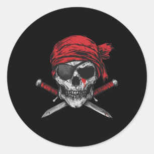 Pegatina Redonda Skull De Bandera Pirata Y Gráfico De Esqueleto De