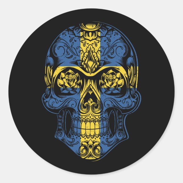 Pegatina Redonda Skull De Suecia Y Bandera De Los Rosas (Anverso)