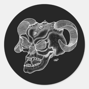 Pegatina Redonda Skull Devil Head Diseño en blanco y negro