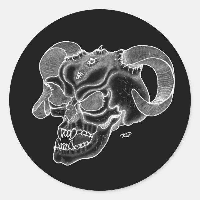 Pegatina Redonda Skull Devil Head Diseño en blanco y negro (Anverso)