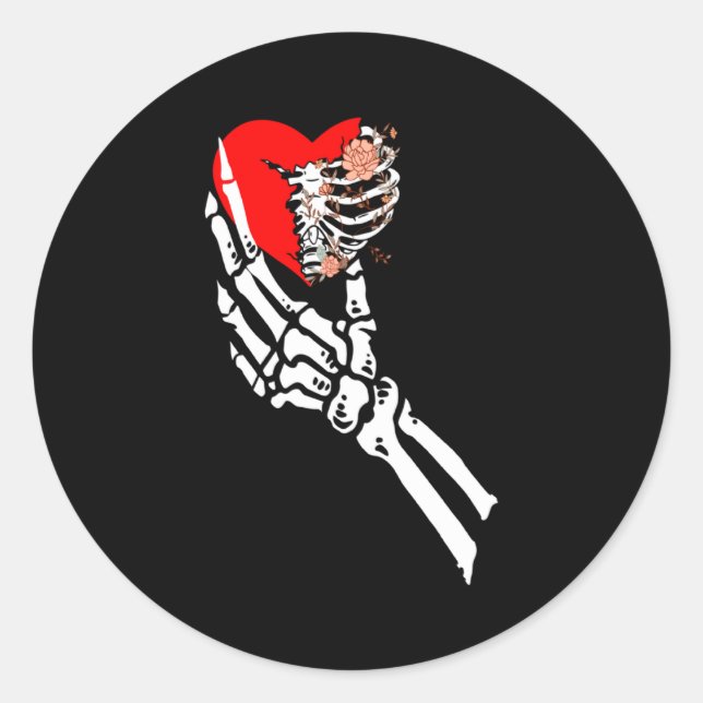 Pegatina Redonda Skull Skeleton Hand Holding Red Heart Love Valenti (Anverso)