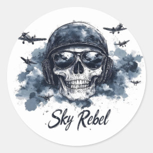 Pegatina Redonda Skull Sky Rebel con casco piloto y gafas de sol