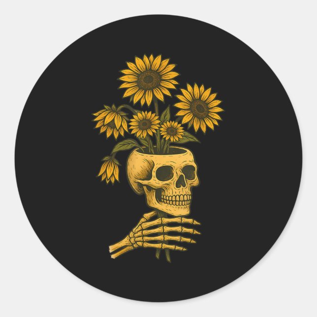 Pegatina Redonda Skull Sunflowers Gothic Goth Creepy Cute Floral  (Anverso)