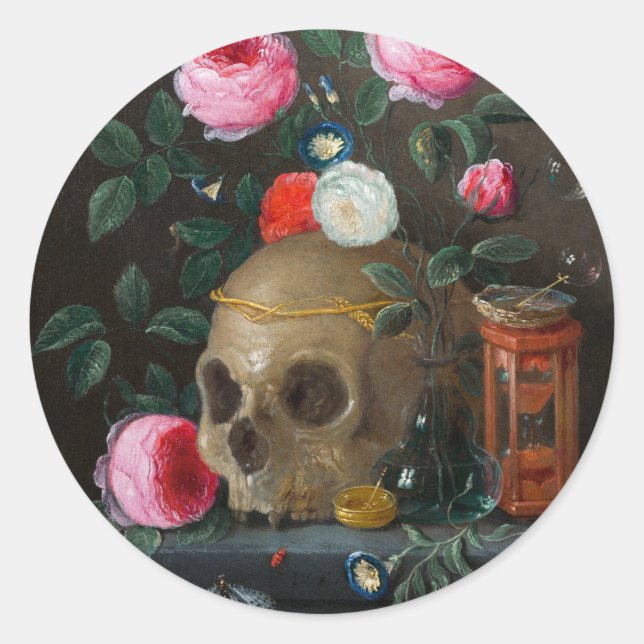 Pegatina Redonda Skull Vanitas Still Life Jan van Kessel (Anverso)