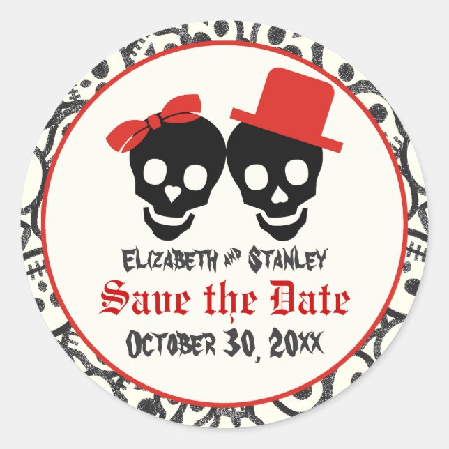 Pegatina Redonda Skulls Halloween boda negra roja Save the Date (Anverso)