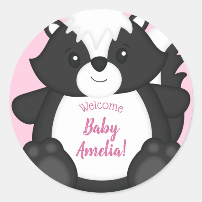 Pegatina Redonda Skunk Baby Shower Pink (Anverso)
