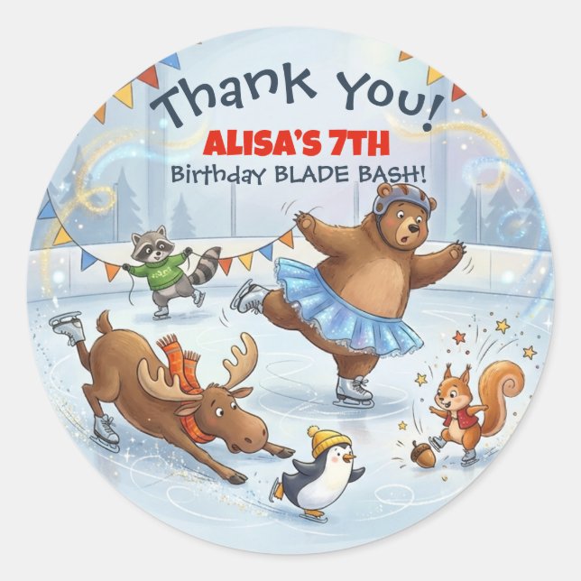 Pegatina Redonda Slapstick Ice Skating Birthday Thank you sticker (Anverso)
