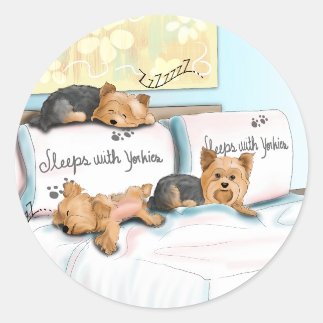 Pegatina Redonda Sleeps with Yorkies (Anverso)