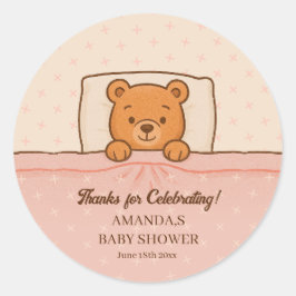 Pegatina Redonda Sleepy Teddy Bear Light Baby Shower Rosa