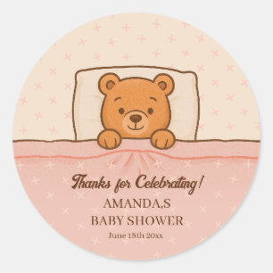 Pegatina Redonda Sleepy Teddy Bear Light Baby Shower Rosa