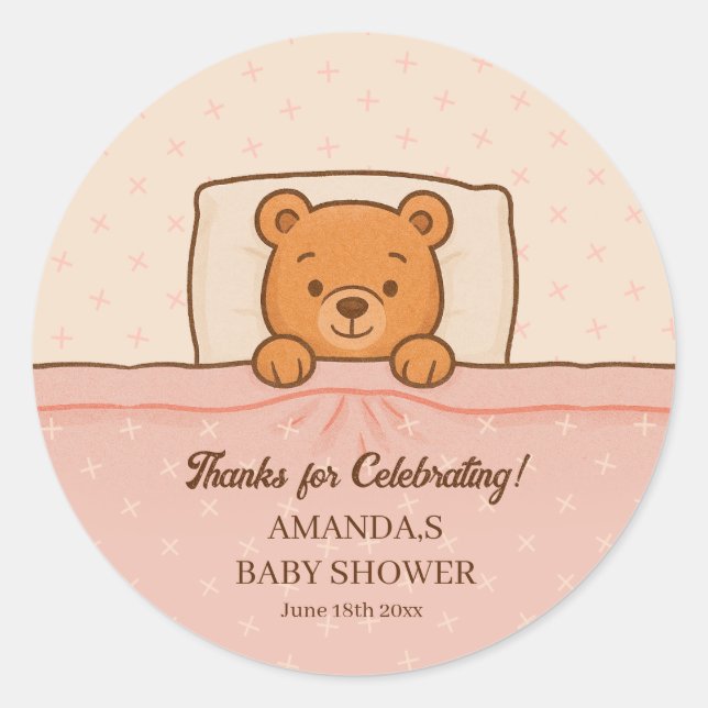 Pegatina Redonda Sleepy Teddy Bear Light Baby Shower Rosa (Anverso)