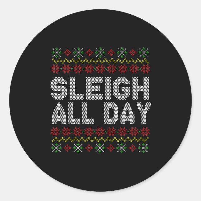 Pegatina Redonda Sleigh All Day Ugly Christmas Sweater Pattern Quot (Anverso)