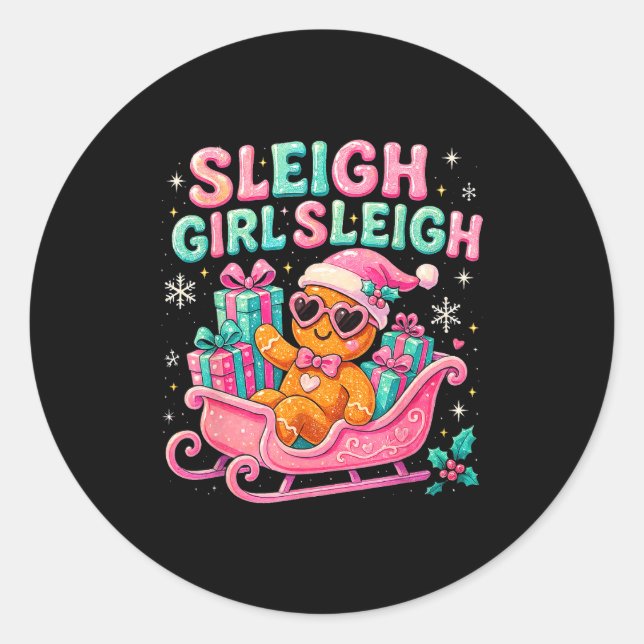 Pegatina Redonda Sleigh Girl Cute Gingerbread Christmas Art  (Anverso)