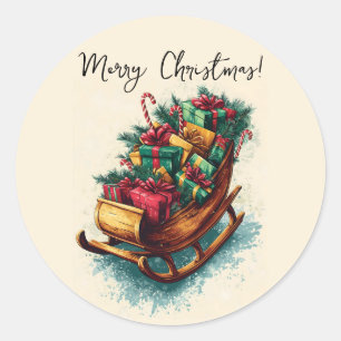 Pegatina Redonda Sleigh vintage lleno de regalos de Navidad