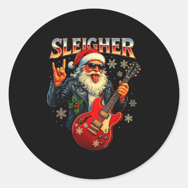 Pegatina Redonda Sleigher Rock Santa Funny Metal Christmas Design  (Anverso)
