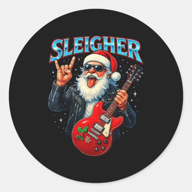 Pegatina Redonda Sleigher Rock Santa Funny Metal Christmas Design  (Anverso)