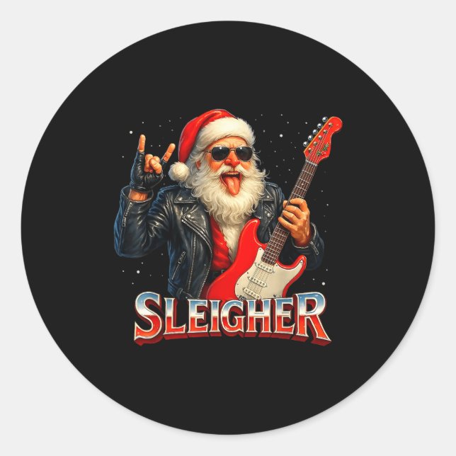 Pegatina Redonda Sleigher Rock Santa Funny Metal Christmas Design  (Anverso)