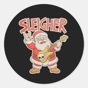Pegatina Redonda Sleigher Santa Metal Guitar Navidad Hail Xmas