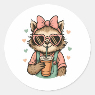 Pegatina Redonda Sloth Chica Coffee Lover