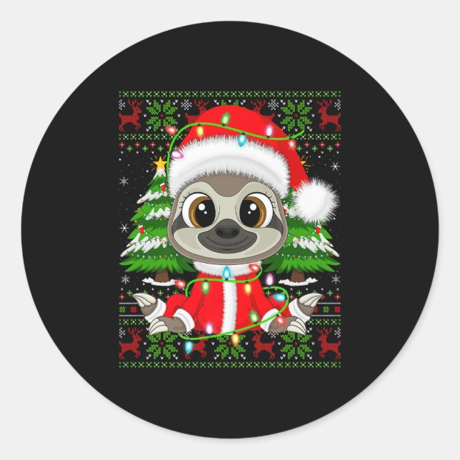 Pegatina Redonda Sloth Christmas Lights Santa Costume Ugly Xmas Swe (Anverso)