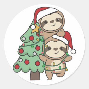 Pegatina Redonda Sloth Christmas Tree Navidades Animales Sloths