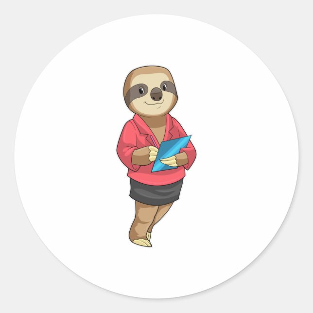 Pegatina Redonda Sloth como secretario con Notepad (Anverso)