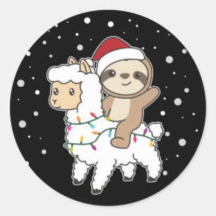 Pegatina Redonda Sloth Lama Navidades Nieve Animales de Invierno Cl