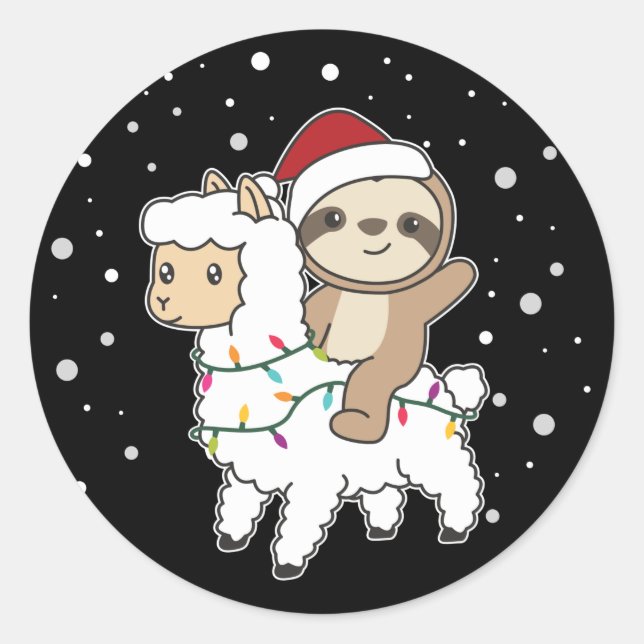 Pegatina Redonda Sloth Lama Navidades Nieve Animales de Invierno Cl (Anverso)