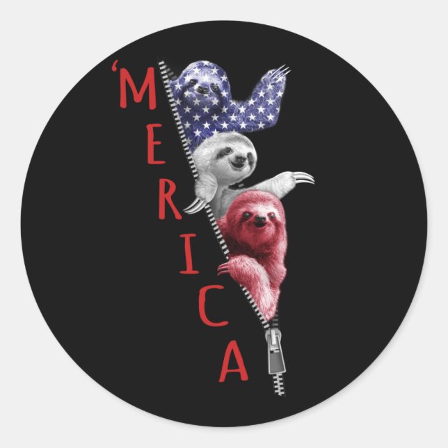 Pegatina Redonda Sloth Merica En Bandera Gráfica Estadounidense De  (Anverso)