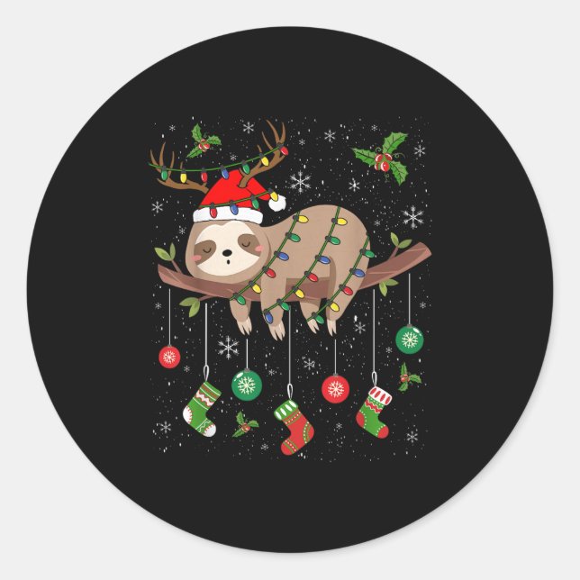 Pegatina Redonda Sloths Xmas Lighting Reindeer Santa Hat Sloth Chri (Anverso)