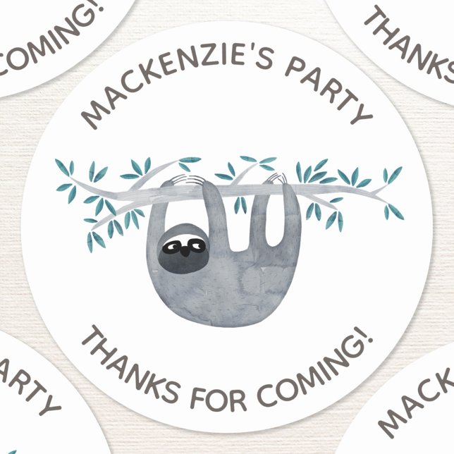 Pegatina Redonda Slove Jungle Birthday Party Gracias (Sloth jungle custom text personalized kids birthday party thank you sticker)
