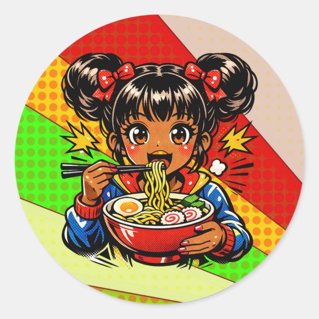 Pegatina Redonda Slurp Nom Anime Girl Ramen Noodles (Anverso)