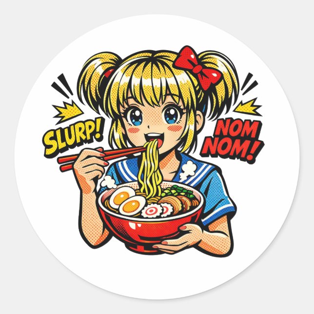 Pegatina Redonda Slurp Nom Anime Girl Ramen Noodles (Anverso)