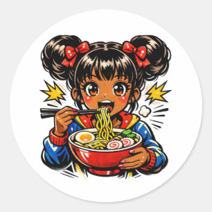 Pegatina Redonda Slurp Nom Chica Anime Fideos Ramen
