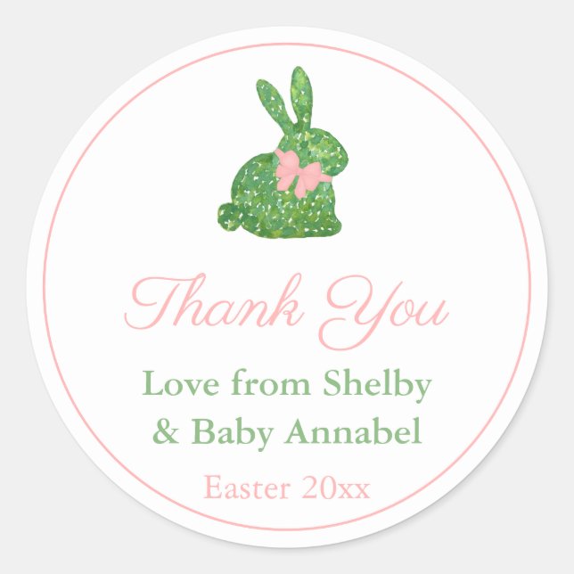 Pegatina Redonda Smart Green Y Pink Bunny Baby Shower Gracias (Anverso)