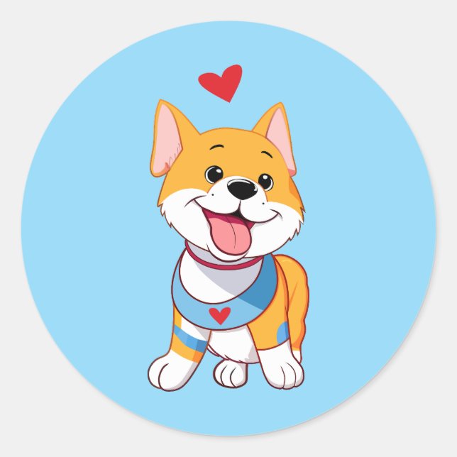 Pegatina Redonda Smiley Happy Dog With Red Heart (Anverso)