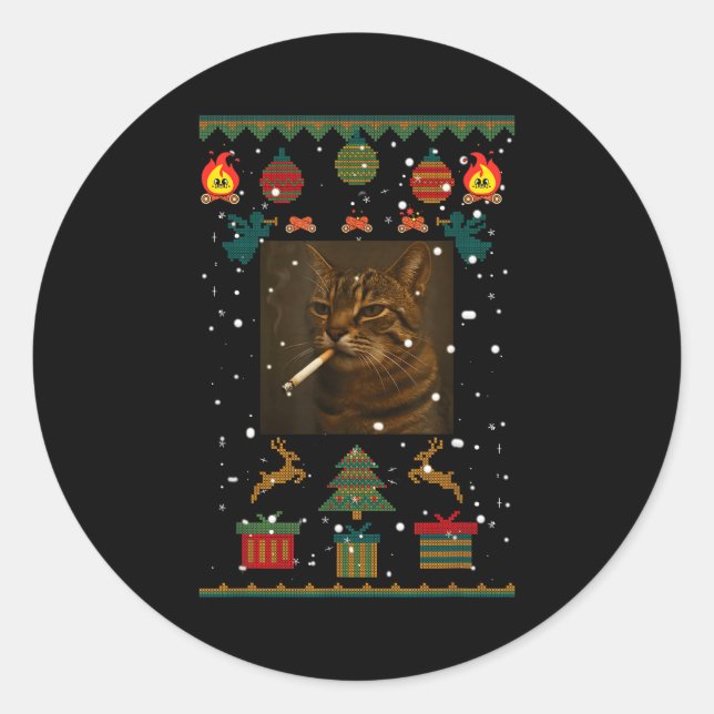 Pegatina Redonda Smoking Cat Cigarette Meme Sarcasm Ugly Christmas  (Anverso)