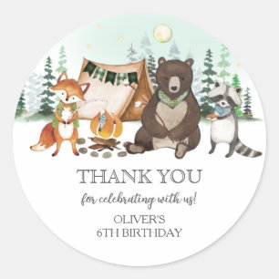 Pegatina Redonda S'more Camping Bear Fox Raccoon Bonfire Cumpleaños