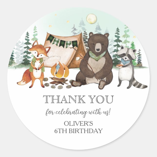 Pegatina Redonda S'more Camping Bear Fox Raccoon Bonfire Cumpleaños (Anverso)