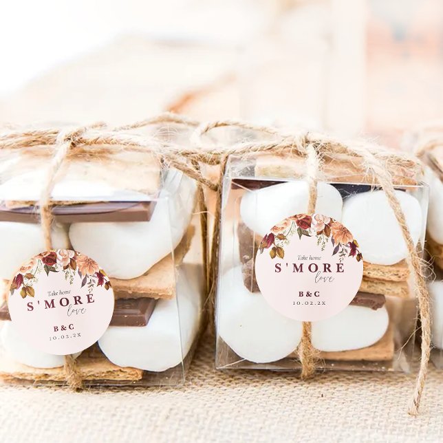 Pegatina Redonda S'more love Fall Wedding Favor (Take home s'more love!mockup image shows the floral fall smore favor sticker on boxes of smores)